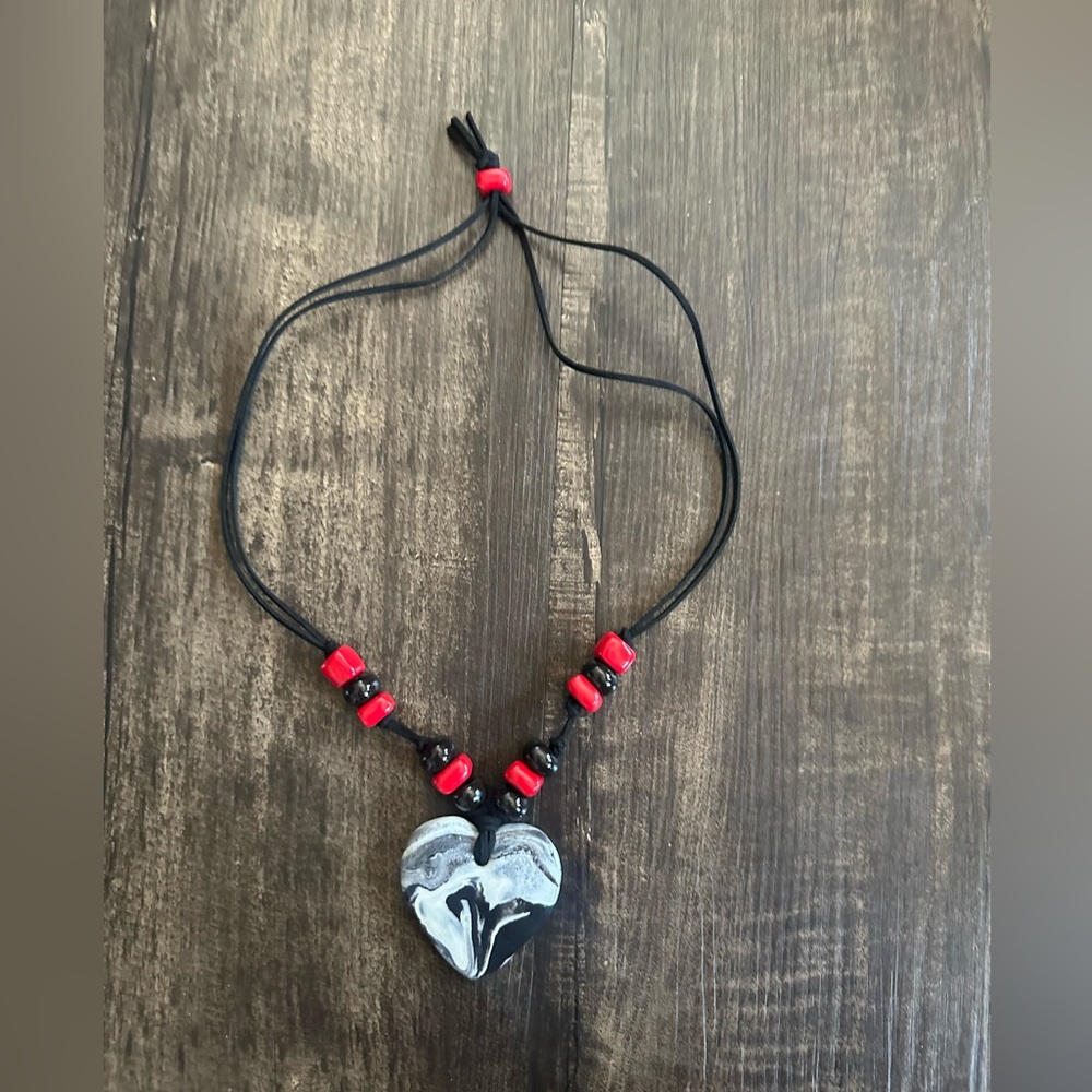 Handmade Painted Heart Porcelain Pendant Necklace Black White Red